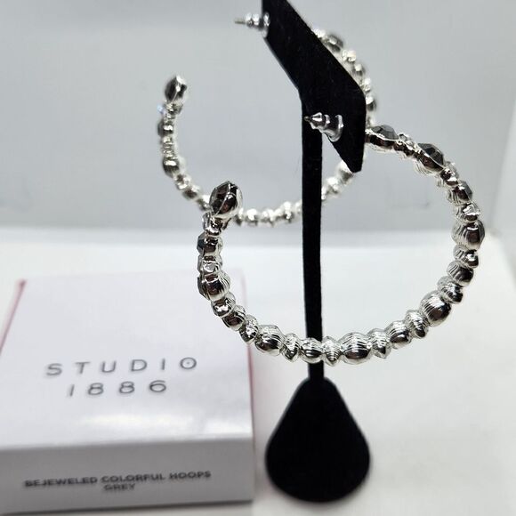 NIB Studio 1886 Bejewled Colorful 2" Hoop Earrings Grey Fashion Jewelry - Picture 3 of 6